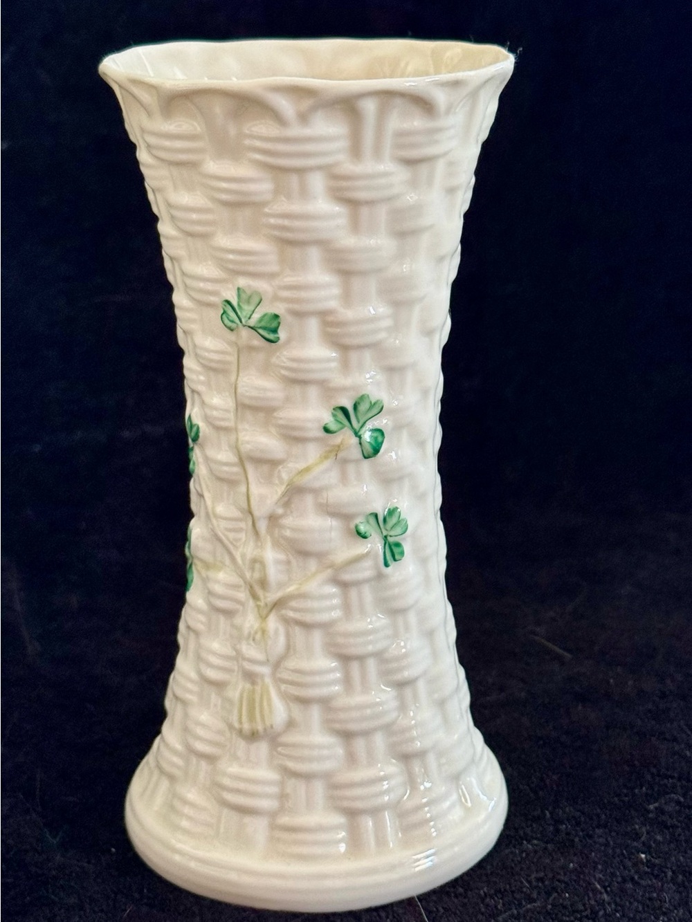 White Ceramic Basketweave Vase with Green Shamrock Motif